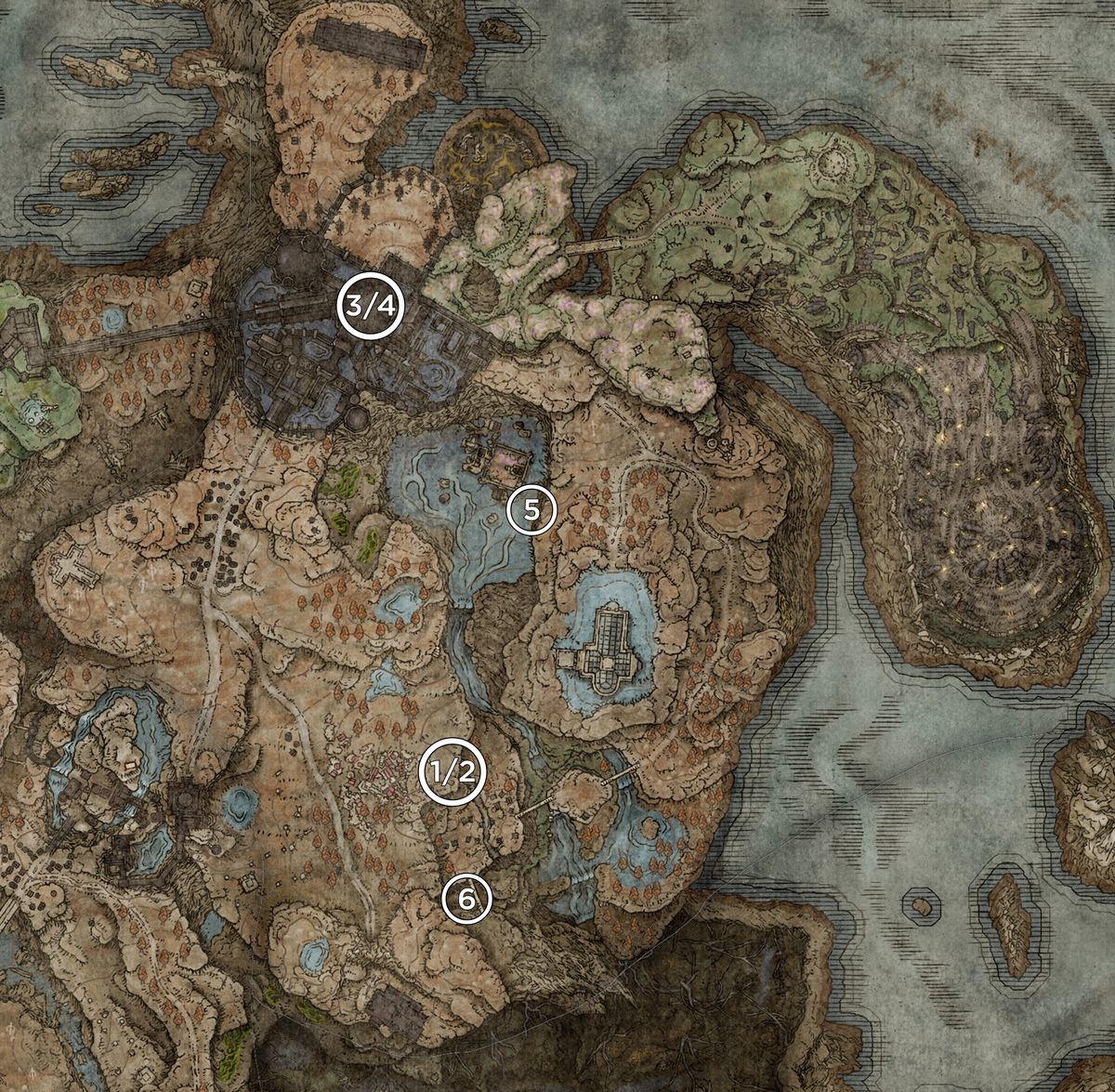 A map of the Scadu Atlus from the Elden Ring DLC, Shadow of the Erdtree, marked with the locations of the Revered Spirit Ashes.