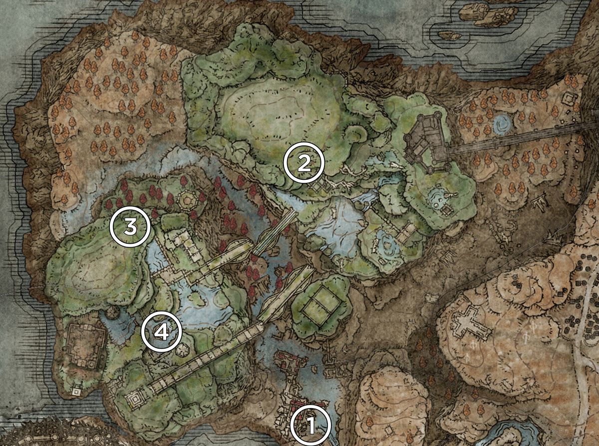 A map of the Rauh Ruins from the Elden Ring DLC, Shadow of the Erdtree, marked with the locations of Revered Spirit Ashes.