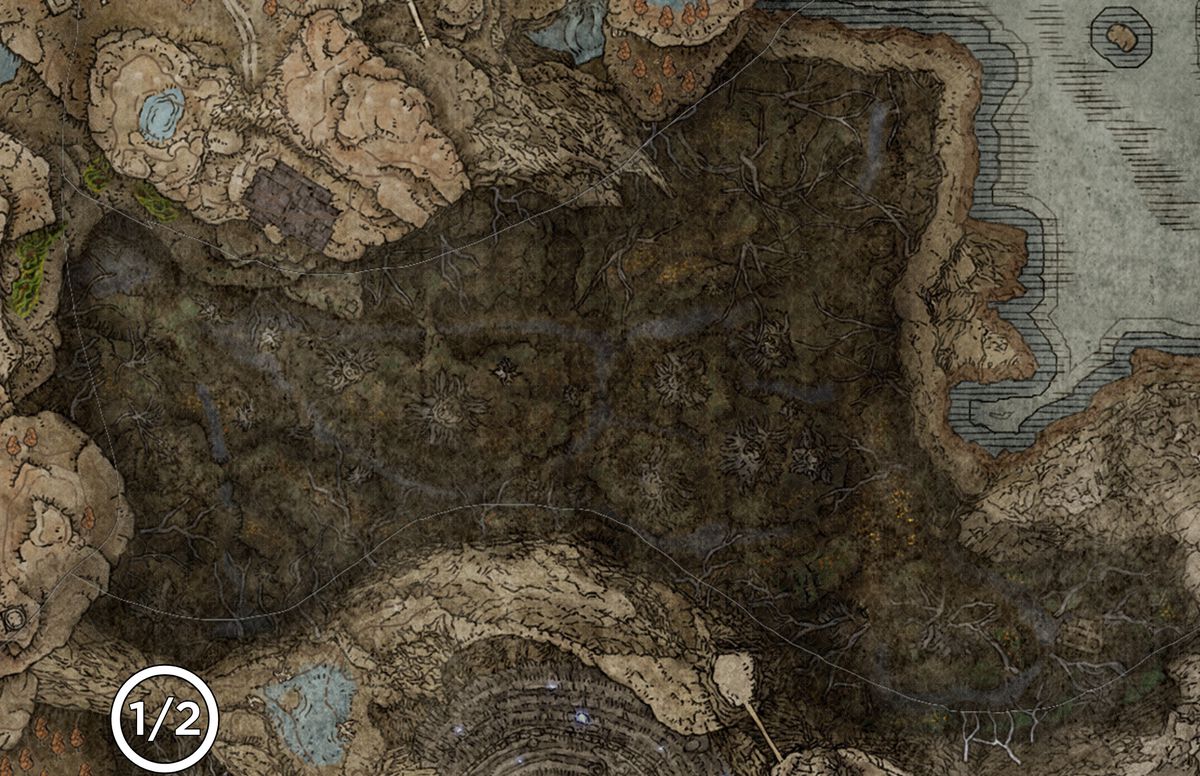A map of the Abyssal Woods from the Elden Ring DLC, Shadow of the Erdtree, marked with the locations of Revered Spirit Ashes.
