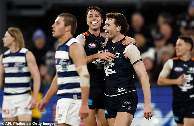 Carlton defeated Geelong 21.12 (138) to 11.9 (75) in the Friday night match, securing second place on the AFL ladder