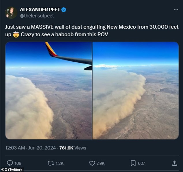 One airline passenger photographed the advancing dust wall from 10,000 feet above the state, posting on social media site