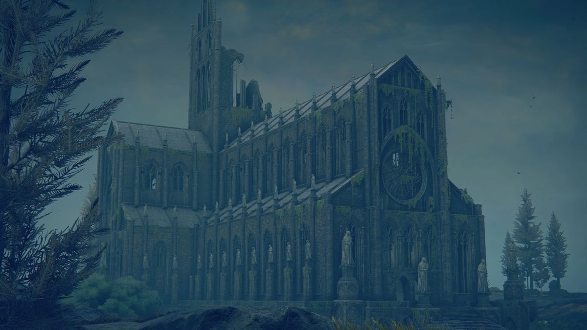 An exterior shot of Manus Metyr Cathedral from Elden Ring: Shadow of the Erdtree