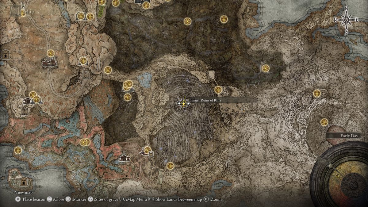 A screenshot of the map of Elden Ring: Shadow of the Erdtree, showing the location of Finger Ruins of Rhia