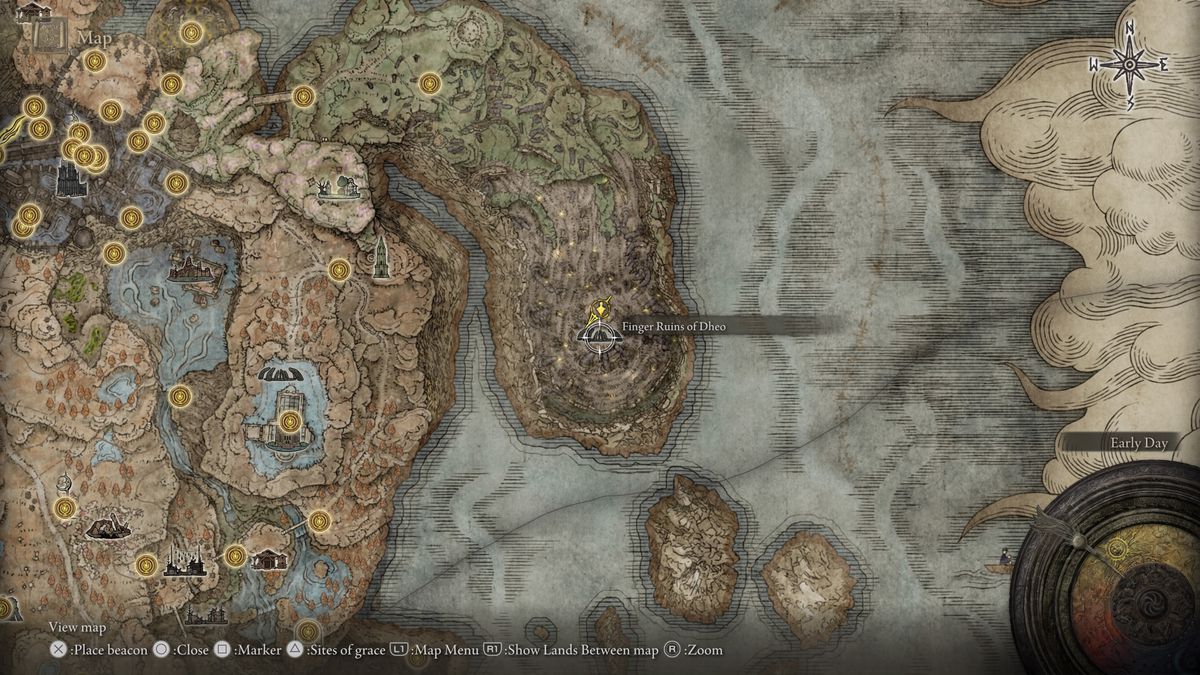 A screenshot of the map of Elden Ring: Shadow of the Erdtree, showing the location of Finger Ruins of Dheo