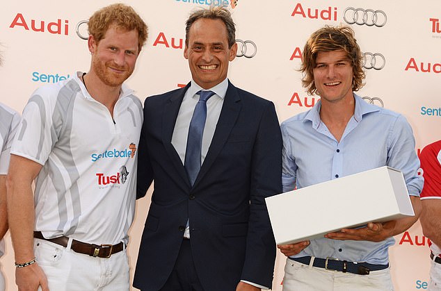 Prince Harry, Audi UK CEO Andre Konsbruck and William Melville-Smith attend the first day of the Audi Polo Challenge at Coworth Park on May 28, 2016