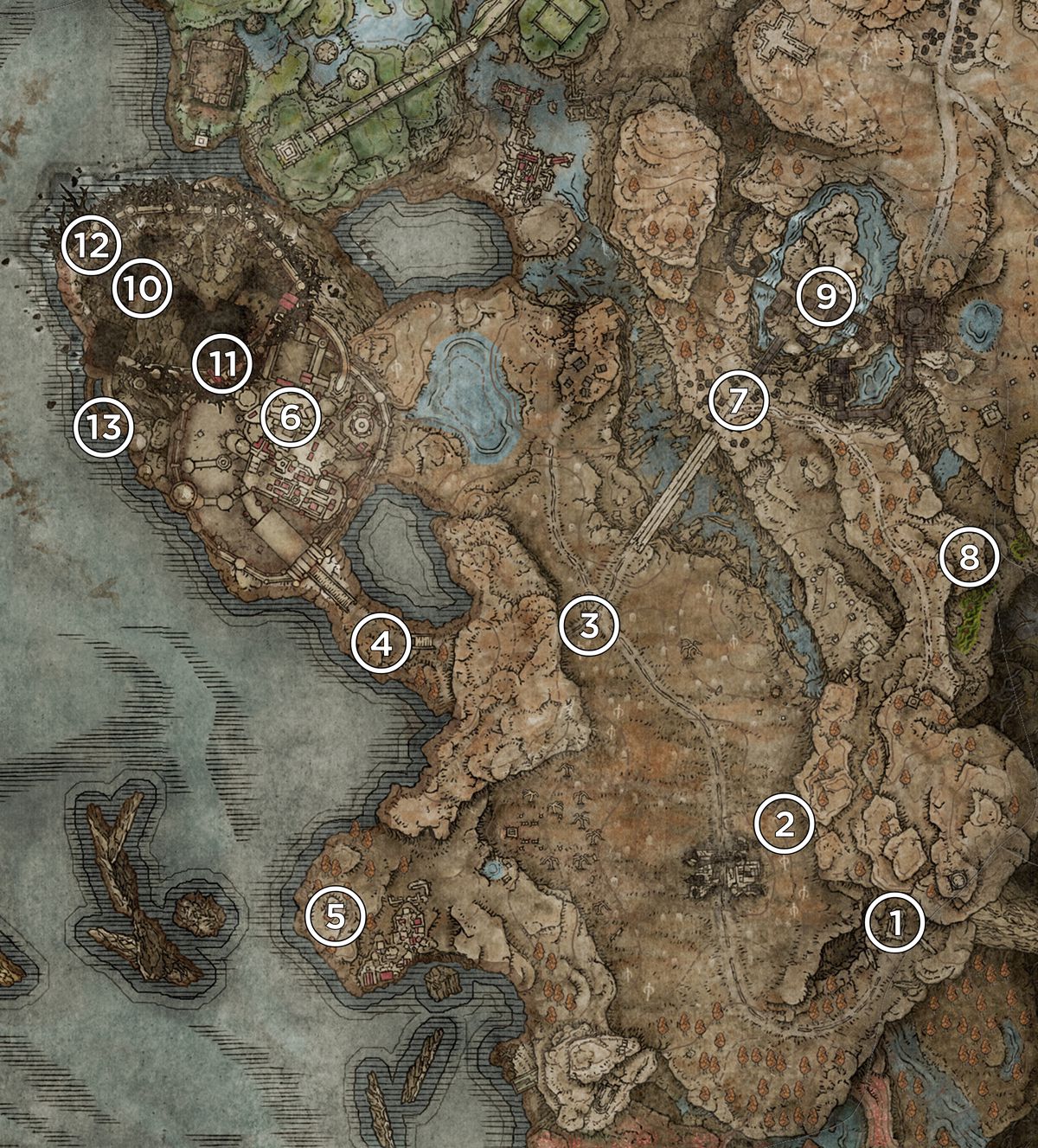 A map of the Gravesite Plains from the Elden Ring DLC, Shadow of the Erdtree, marked with the locations of Scadutree Fragment.