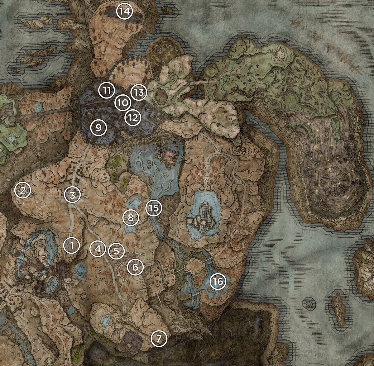 A map of the Scadu Atlus region from the Elden Ring DLC, Shadow of the Erdtree marked with the locations of Scadutree Fragments.