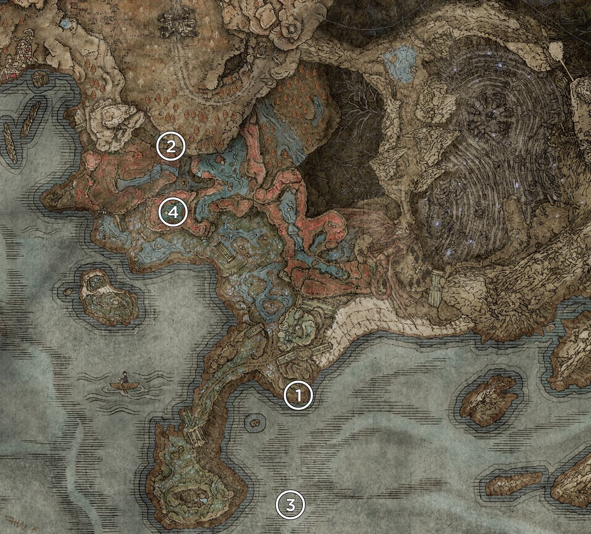 A map of the Southern Shores from the Elden Ring DLC, Shadow of the Erdtree, marked with the locations of Scadutree Fragments.