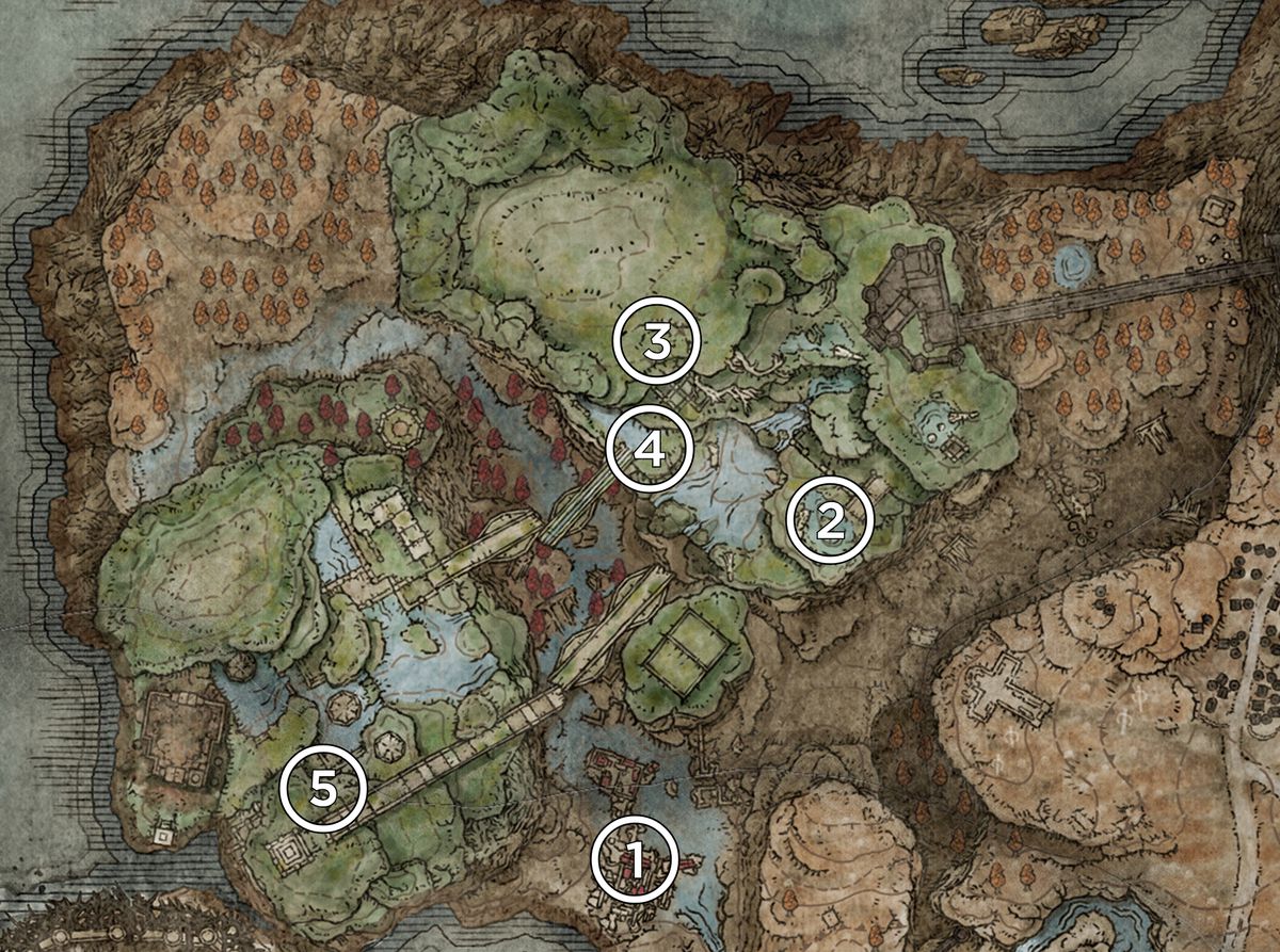 A map of the Rauh Ruins from the Elden Ring DLC, Shadow of the Erdtree, marked with the locations of Scadutree Fragments.