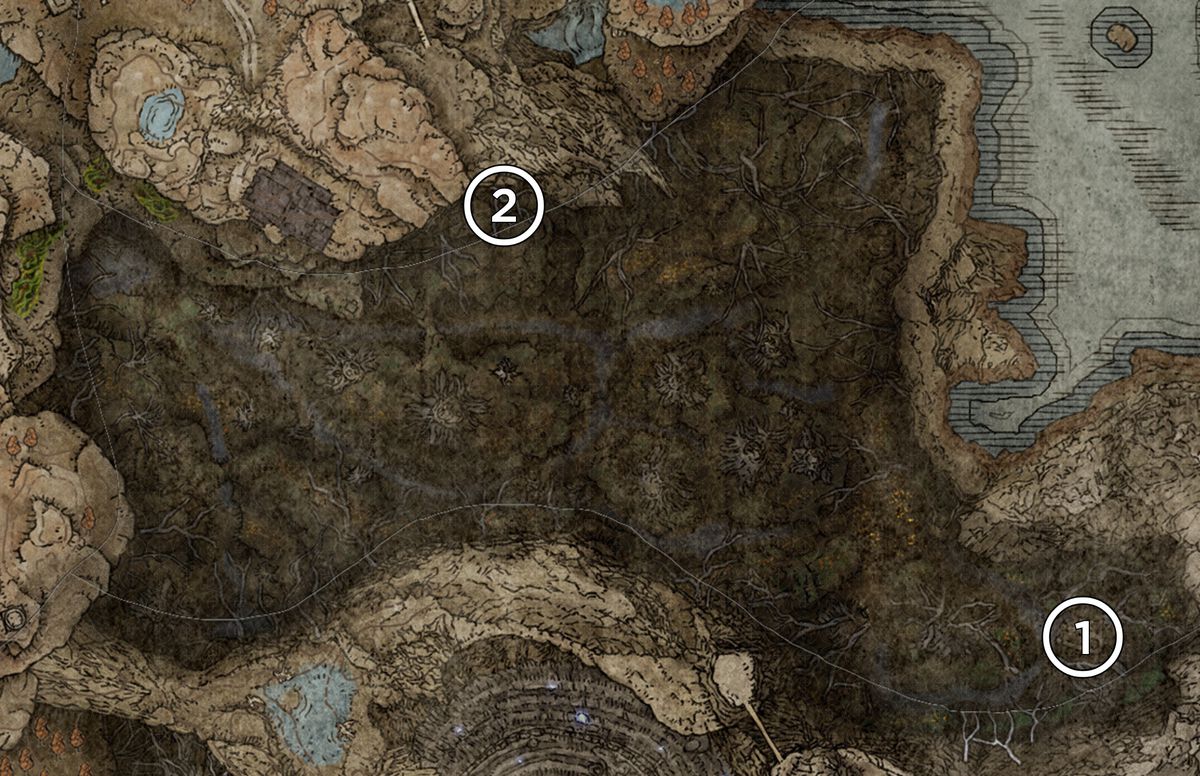 A map of the Abyssal Woods from the Elden Ring DLC, Shadow of the Erdtree, marked with the locations of Scadutree Fragments.