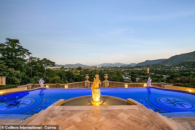 It has uninterrupted views of the Cairns CBD (pictured above) from multiple terraces and the 17 meter blue mosaic swimming pool