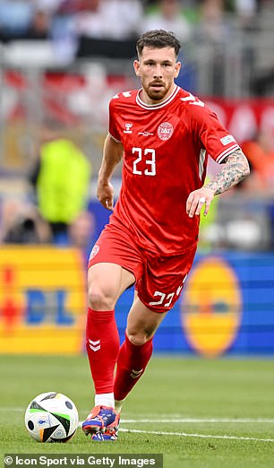 Pierre-Emile Hojbjerg of Tottenham in action for Denmark
