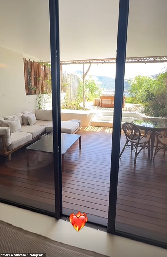 The covered area then leads to a sun-drenched viewing platform with a plush loveseat, allowing the TV personality and her footballer partner to enjoy the breathtaking views.