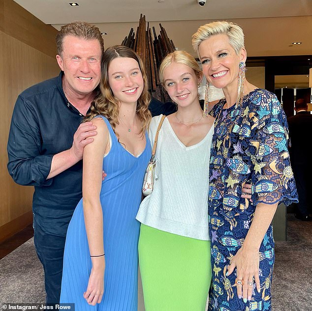 Allegra (second from right) is the first daughter of Jessica and Channel Nine presenter Peter Overton (left).  They also share daughter Giselle (second from left)