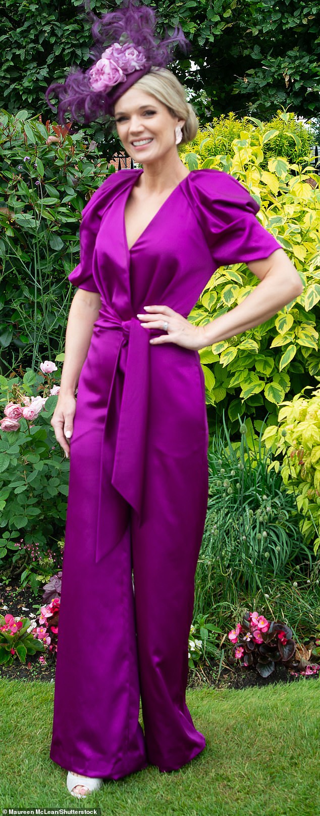ITV Racing presenter Charlotte Hawkins wears a lavish purple jumpsuit for her performance at the event