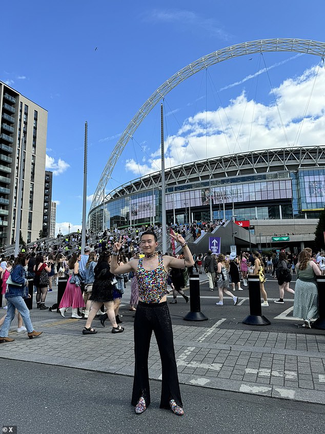 A sequin-clad Swiftie poses outside Wembley Stadium ahead of the second night of her London stint on the Eras Tour