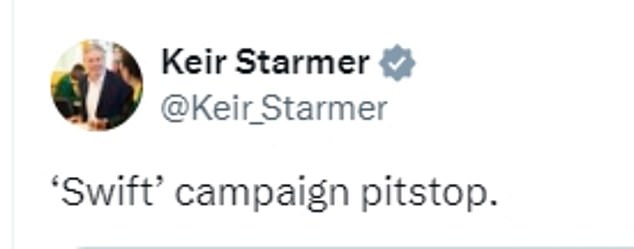 Labor leader Sir Keir wrote on X, formerly Twitter: 'Swift's campaign pit stop' amid preparations for the July 4 general election
