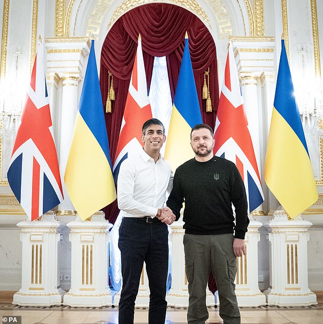 Farage's controversial comments were condemned by Prime Minister Rishi Sunak.  Pictured: Mr Sunak shakes hands with Ukrainian President Volodymyr Zelensky during a visit to the presidential palace in Kiev, Ukraine, to announce a major new package of £2.5 billion in military aid to the country for the coming year, on January 12, 2024