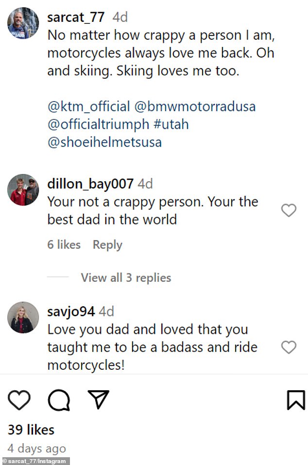 Two of his children, son Dillon Bay, and daughter Savanna, responded directly to their father's post and told him how much they loved him