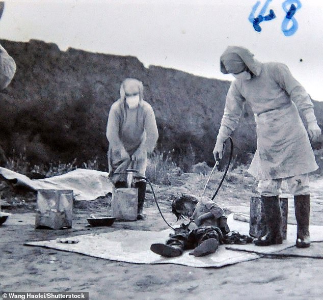 A human 'subject', apparently a young Chinese citizen, is subjected to an unknown form of bacteriological test at Unit 731