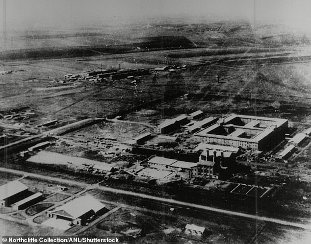 An aerial photo shows the camp, which housed prisoners of war on whom experiments were conducted