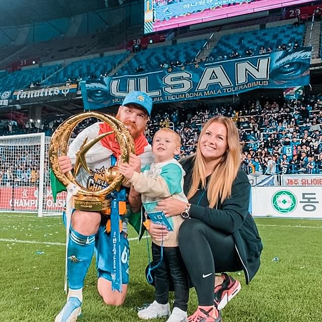 In his two years at Ulsan he has won the title twice and celebrated the first on the pitch with his family.  He captioned this photo on Instagram with 