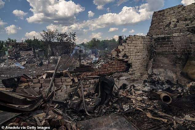 A view of the destruction of a house on the Kostyantynivka front as the war between Russia and Ukraine continues in Donetsk Oblast, Ukraine, on June 20, 2024