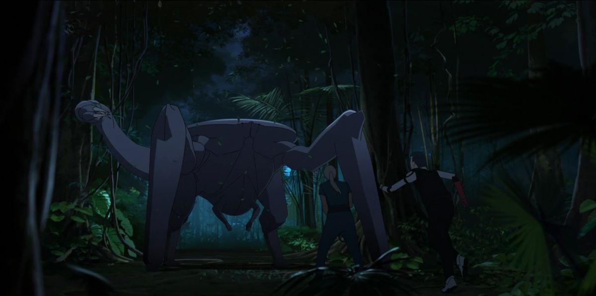 A large organic monster with four large legs, two small arms and a snake-like tail standing in a wooded clearing in front of a woman and a robot in Mars Express.