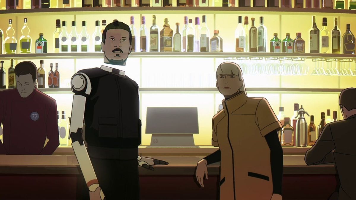 A robot with a holographic head and a woman in a yellow jacket at a bar in Mars Express.