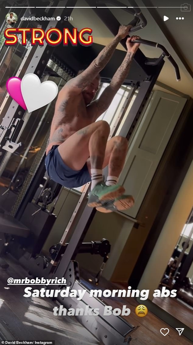 The former England footballer, 49, appeared in good spirits as he demonstrated his strength while working his abs by performing hanging knee-ups