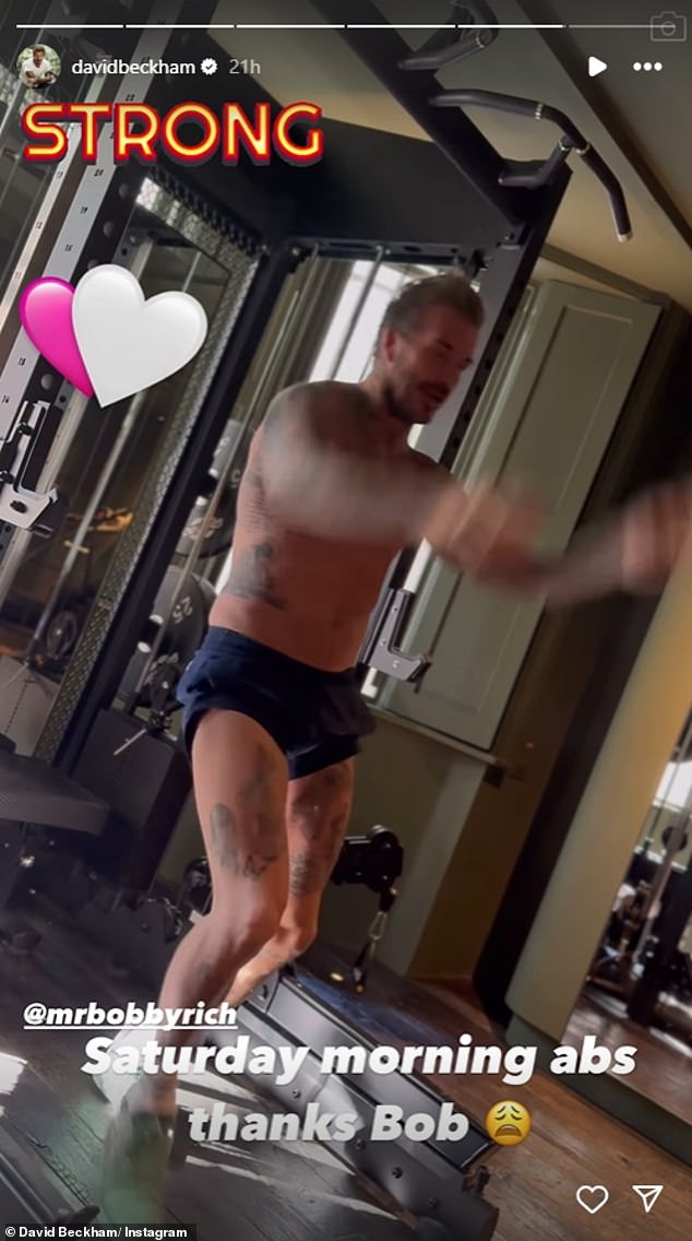 In the short clip, David showed off his heavily tattooed body while wearing navy blue workout shorts and green sneakers