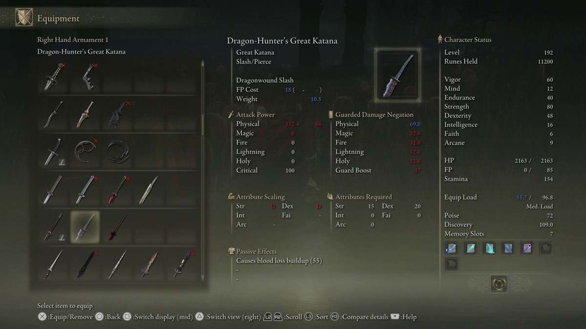 An image showing the stats for the Dragon-Hunter's Great Katana weapon in Elden Ring: Shadow of the Erdtree
