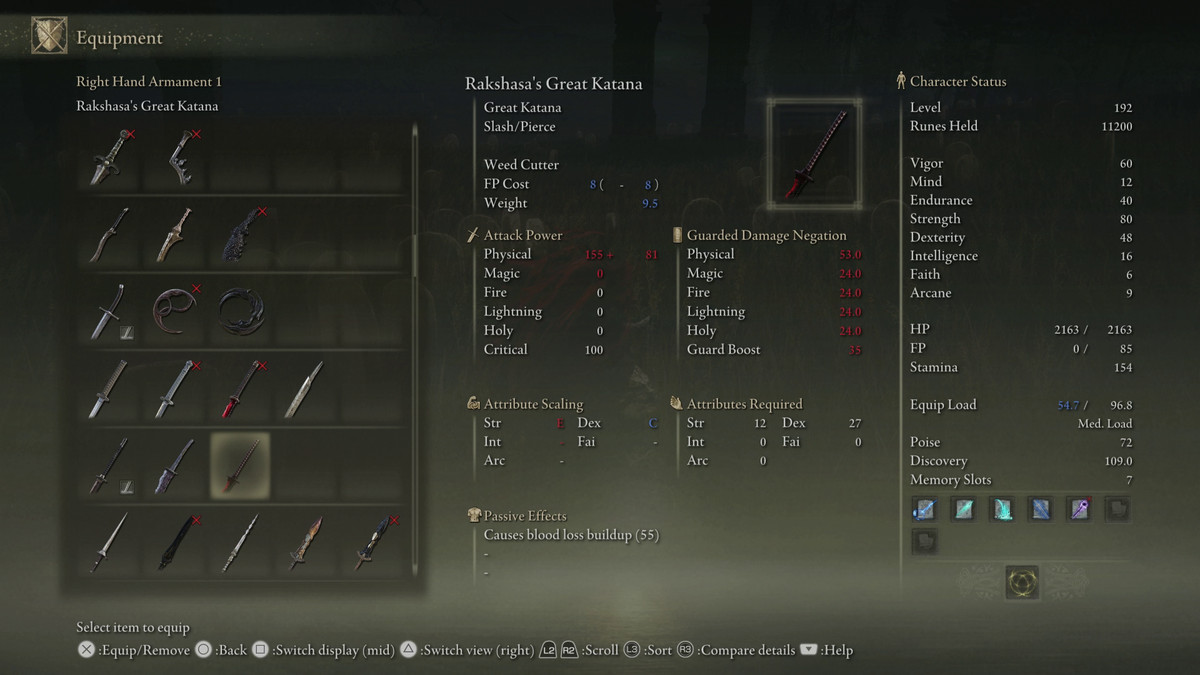 An image showing the stats for Rakshasa's Great Katana weapon in Elden Ring: Shadow of the Erdtree