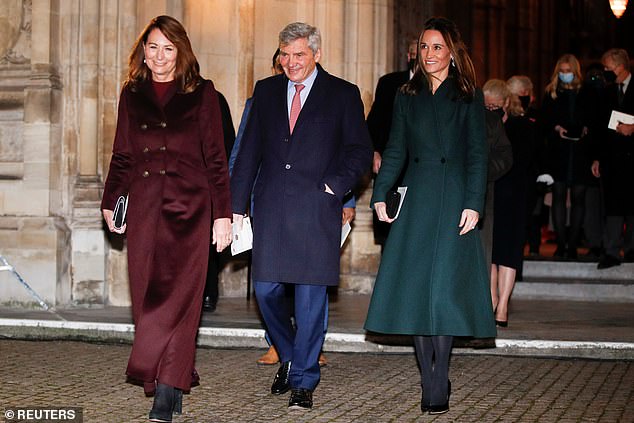 Pippa, Michael and Carole Middleton leave Westminster Abbey's carol service in 2021