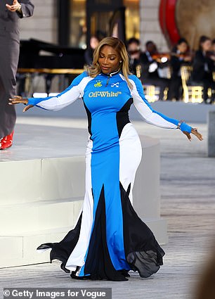 Serena, 42, wore a blue, black and white Off White dress