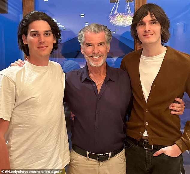 On Father's Day, his wife Keely Shaye shared a rare photo of the movie star grinning broadly with his two youngest sons Paris (left), 23, and Dylan (right), 27.