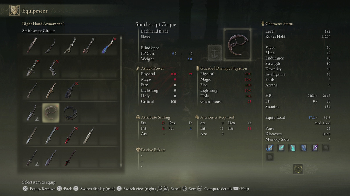 An image showing the stats for the Smithscript Cirque weapon in Elden Ring: Shadow of the Erdtree
