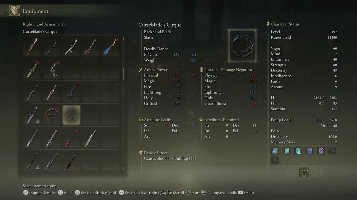 An image showing the stats for Curseblade's Cirque weapon in Elden Ring: Shadow of the Erdtree
