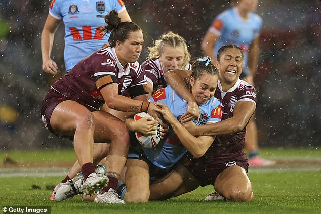 Game three of the 2024 Women's State of Origin series starts in Townsville on Thursday (pictured, NSW star Kezie Apps is tackled in game two)
