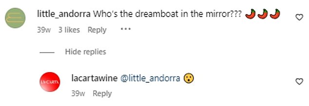 'Who is the dreamboat in the mirror?'  one follower wrote under the image, to which Will responded with a shocked emoji in response to his La Carta Wine account