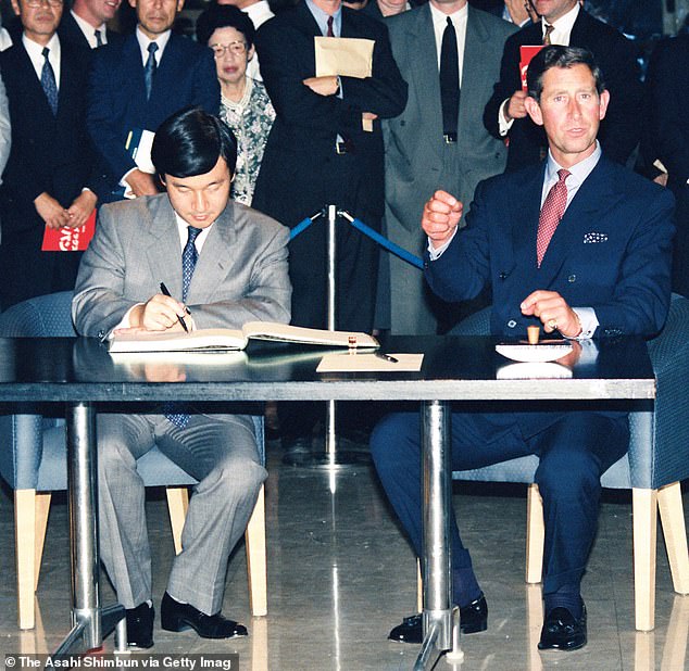 Then-Crown Prince Naruhito and Prince Charles attend the opening ceremony of the Japan Festival at the Victoria & Albert Museum in 1991