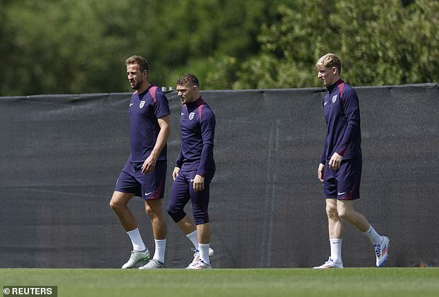 Monday's session in Blankenhain was attended by the full England squad of 26 players, including Harry Kane (left), Kieran Trippier (centre) and Anthony Gordon (right)