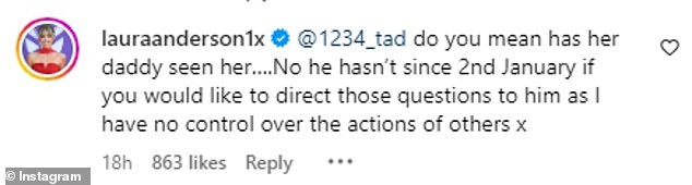 In response to a troll who wondered if Bonnie ever sees her dad, Laura replied, “You mean her dad has seen her….  No, he hasn't done that since January 2