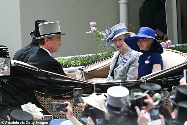 Anne alongside Lady Sarah Chatto and opposite Vice Admiral Sir Tim Laurence at Ascot last Thursday