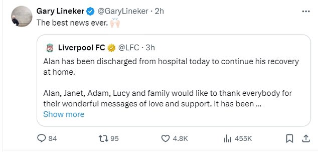 Lineker sent a four-word message after Liverpool announced Hansen had left hospital