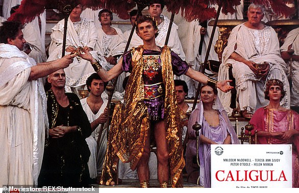 The controversial 1979 erotic history film Caligula, which tells the rise and fall of the Roman emperor, starred Malcolm McDowell as Caligula (center), Helen Mirren and Peter O'Toole