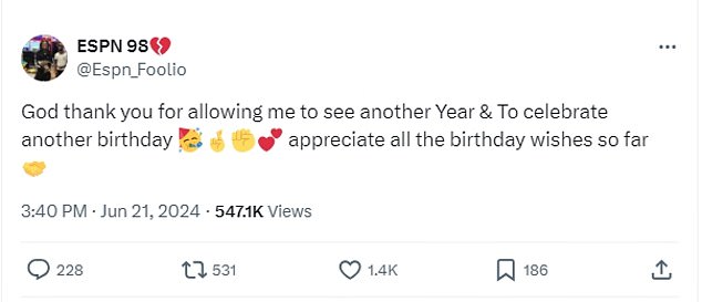 The rapper tragically posted on X the day before: “God, thank you so much for letting me see another year and celebrate another birthday.  I appreciate all the birthday wishes so far.”