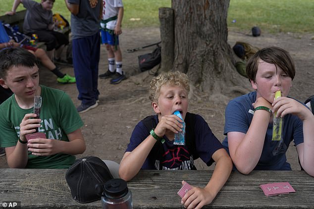 Tragically, at least two children left in hot cars died as the sweltering conditions continued.  (Pictured: Kids keep cool with popsicles in Ohio on Thursday)