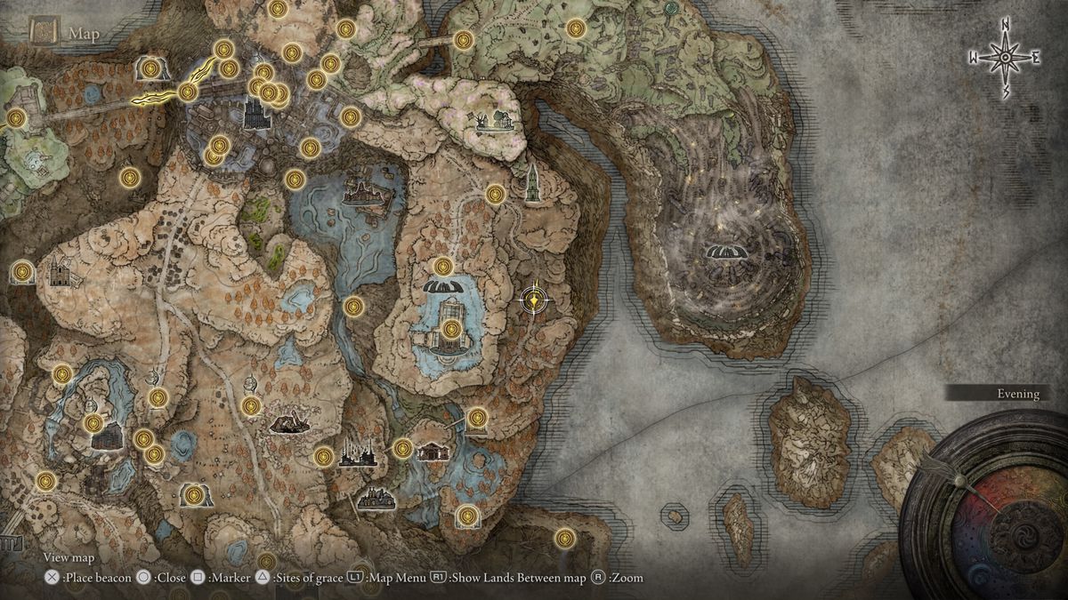 A screenshot of the Elden Ring: Shadow of the Erdtree map, highlighting the location of the Cerulean-Sapping Cracked Tear crystal rift and its Furnace Golem in Scadu Atlus