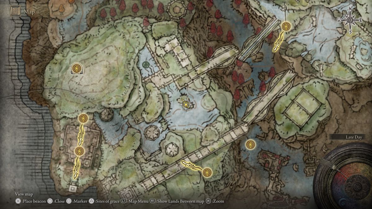 A screenshot of the Elden Ring: Shadow of the Erdtree map, highlighting the location of the Crimson-Sapping Cracked Tear crystal rift and its Furnace Golem in Rauh Ancient Ruins